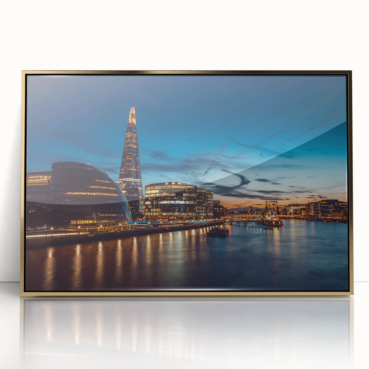 Acrylic print of Thames River with gold frame, featuring art deco style, ideal for modern art wall decor.