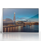 Mid-century modernist art of the Thames River in England, featuring muted blue and gray tones on a framed acrylic print.