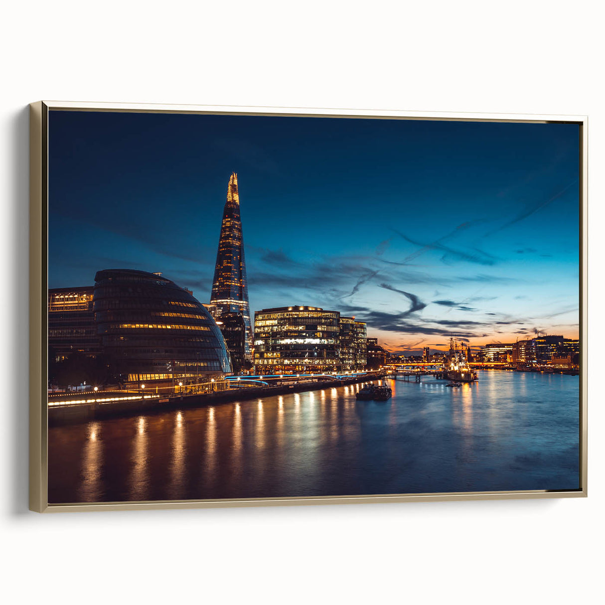 Framed canvas depicting a vintage-style landscape of the Thames River in muted gold and black, ideal for bedroom wall art.