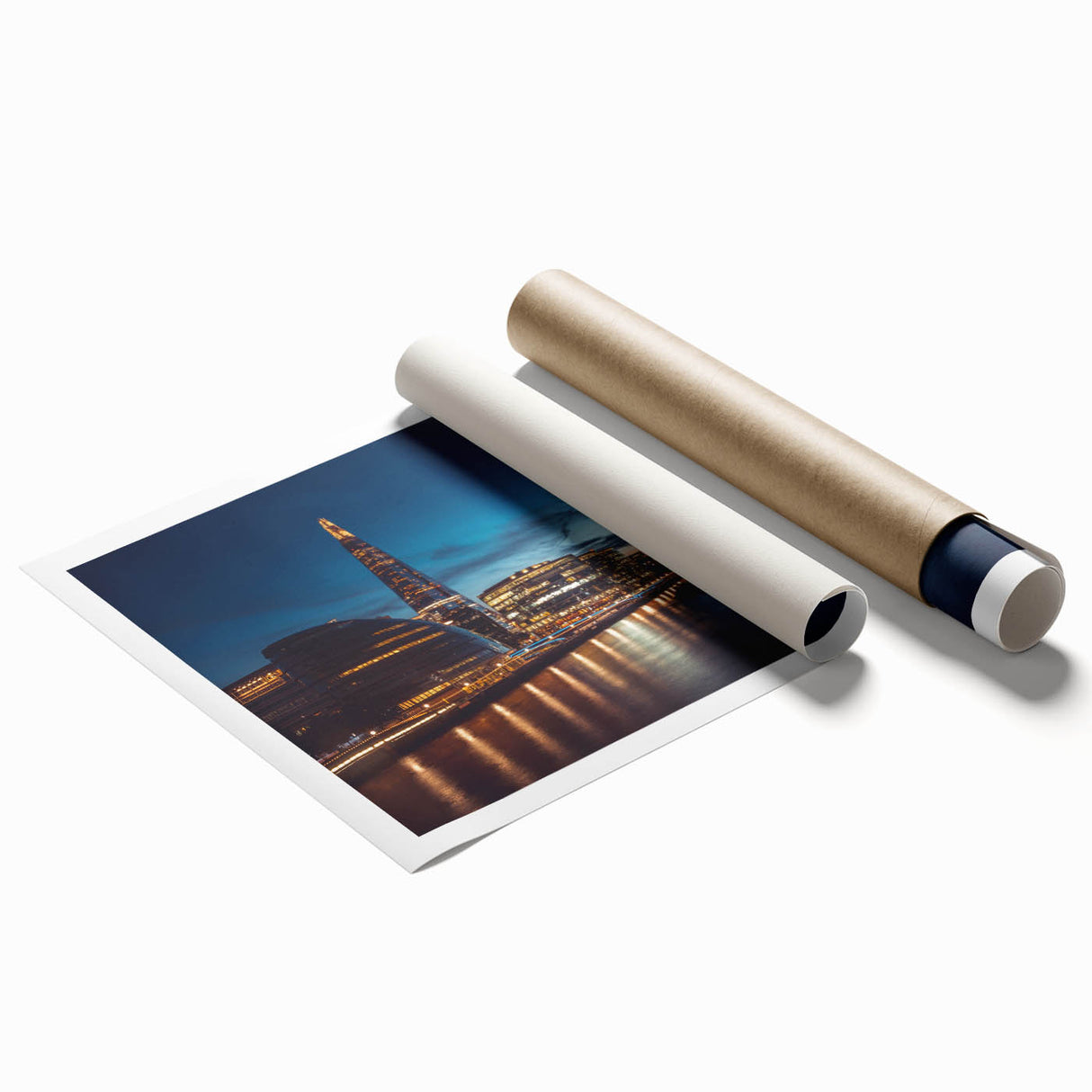 Extra large rolled print of the Thames River with muted blue and gray tones, ideal for classy bathroom wall art.