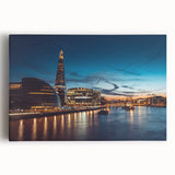 Black and white stretched canvas of the Thames River in England, ideal for kitchen wall art or bedroom decor.