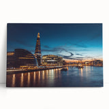 Black and white photograph of the Thames River in a stretched canvas format, suitable as large kitchen wall art.
