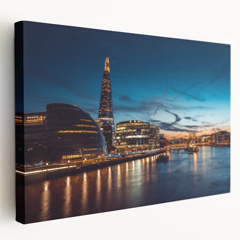 Panoramic view of the Thames River with London landmarks in muted gray and blue tones on stretched canvas.