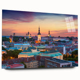 Large abstract wall art of a European scenery in muted earth tones on acrylic glass.