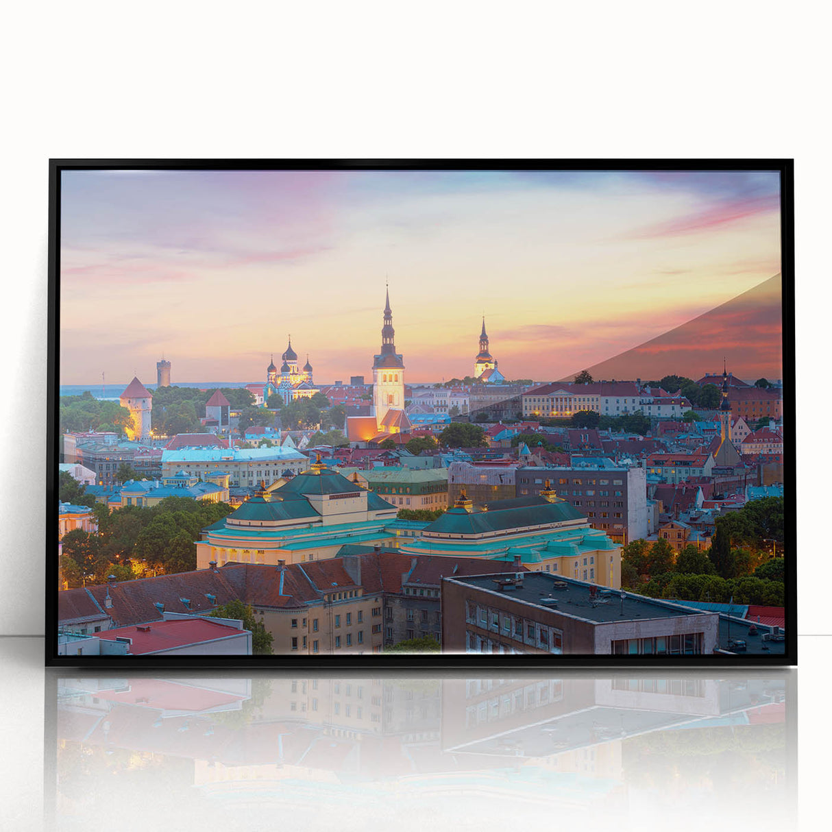 Large abstract wall art depicting a European Estonian scenery in muted gray and blue tones, framed in black acrylic.