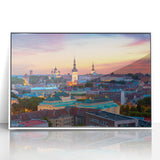 Mid-century modernist art depicting a European Estonian scenery in muted earth tones on a framed acrylic.