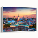 Vintage poster art of a European Estonian scenery on a large framed canvas with colorful aspects.