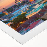 Art deco poster of a European Estonian scenery in muted earth tones on rolled canvas, suitable for dining room wall art.