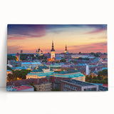Black and white photograph of a European cityscape on stretched canvas, ideal for kitchen wall art.
