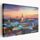 Large canvas print of a European scenery in neutral and blue tones, suitable for kitchen wall art.