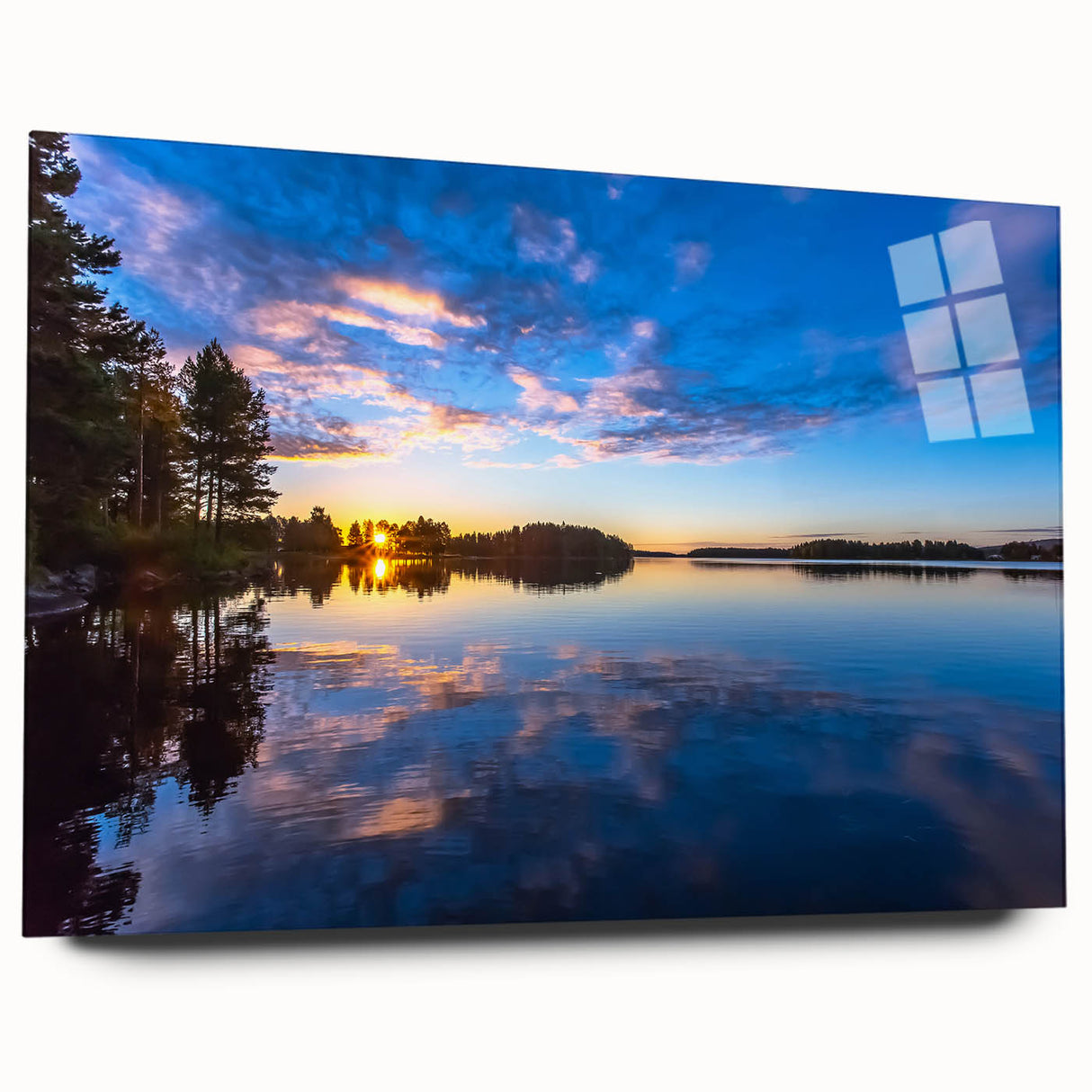 Large abstract wall art of a European Finnish landscape in muted blue and white tones on acrylic glass.