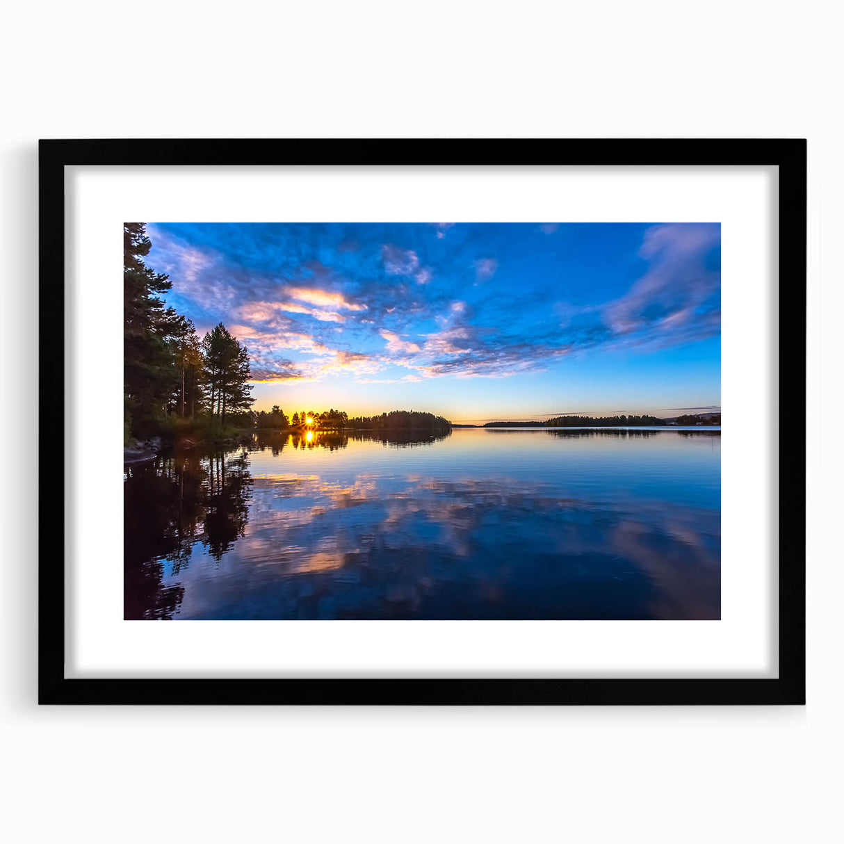 Extra large framed abstract art print depicting vibrant, colorful scenery of a Finnish landscape on textured canvas.