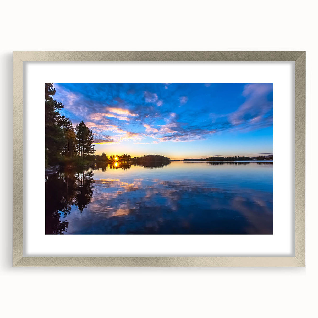 Extra large abstract art print of a textured European scenery in muted earth tones, framed in silver.