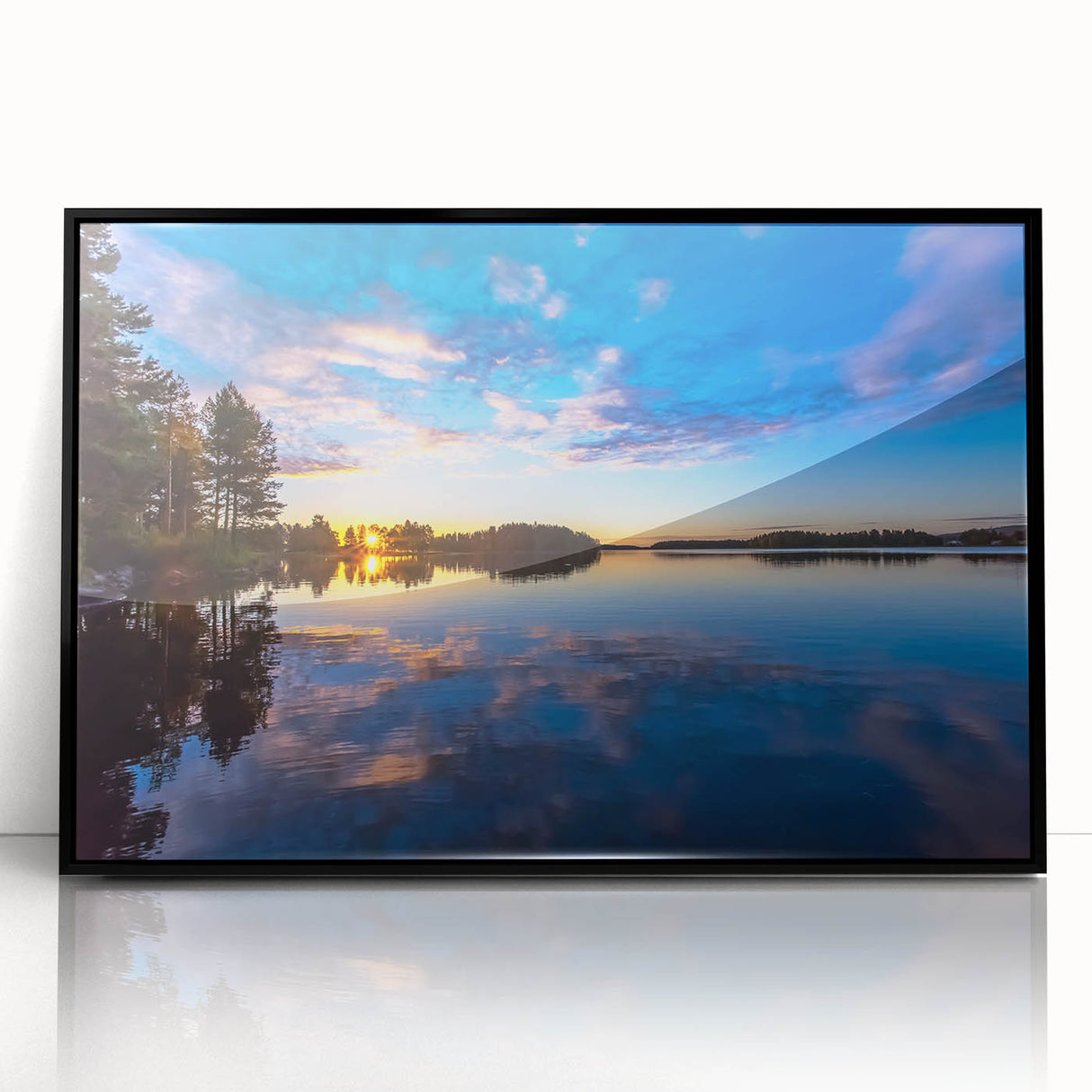 Large abstract wall art featuring a mid-century modernist scene of European Finnish landscape in muted earth tones.