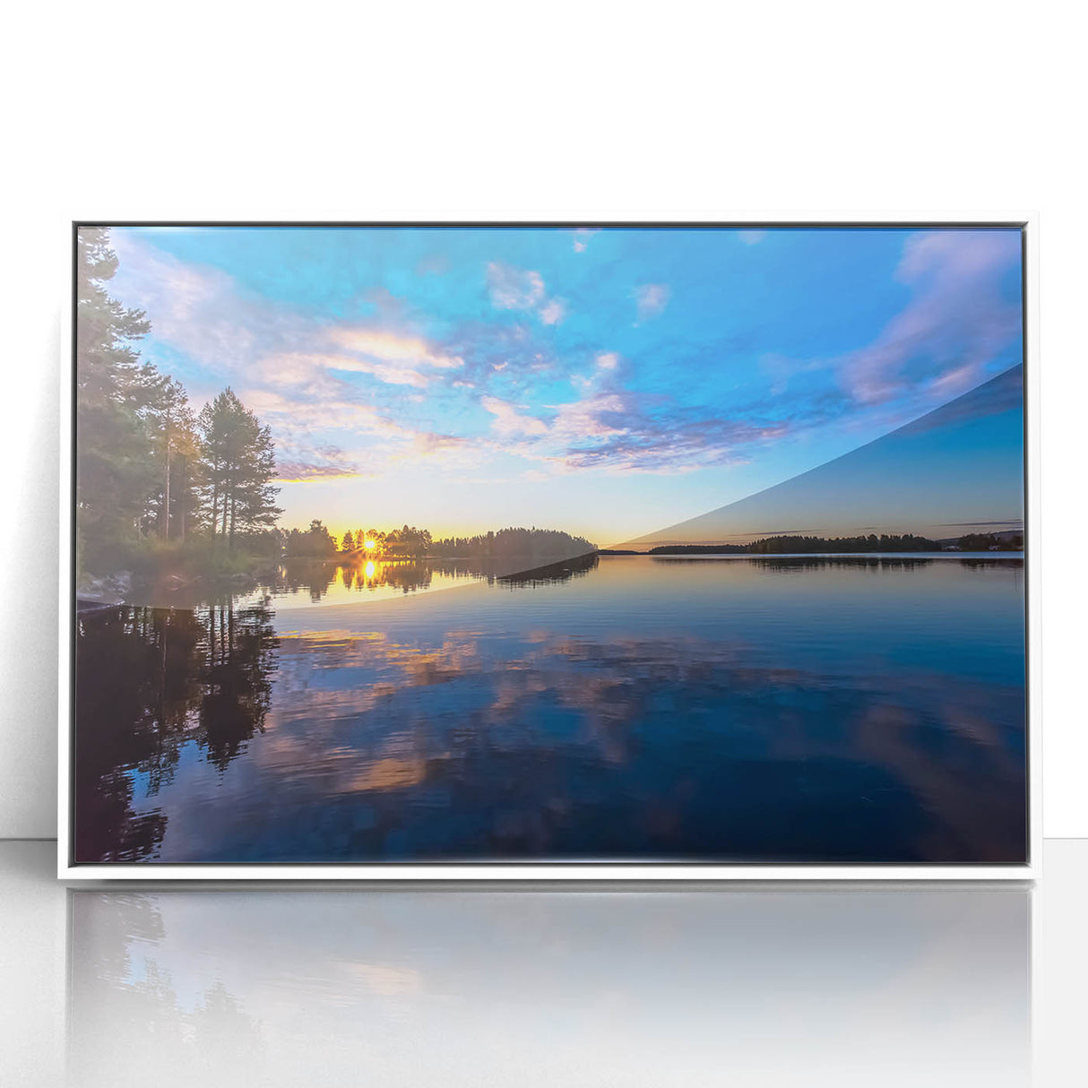 Framed acrylic print of a serene Finnish landscape in muted blues and greens, ideal for nursery wall art.