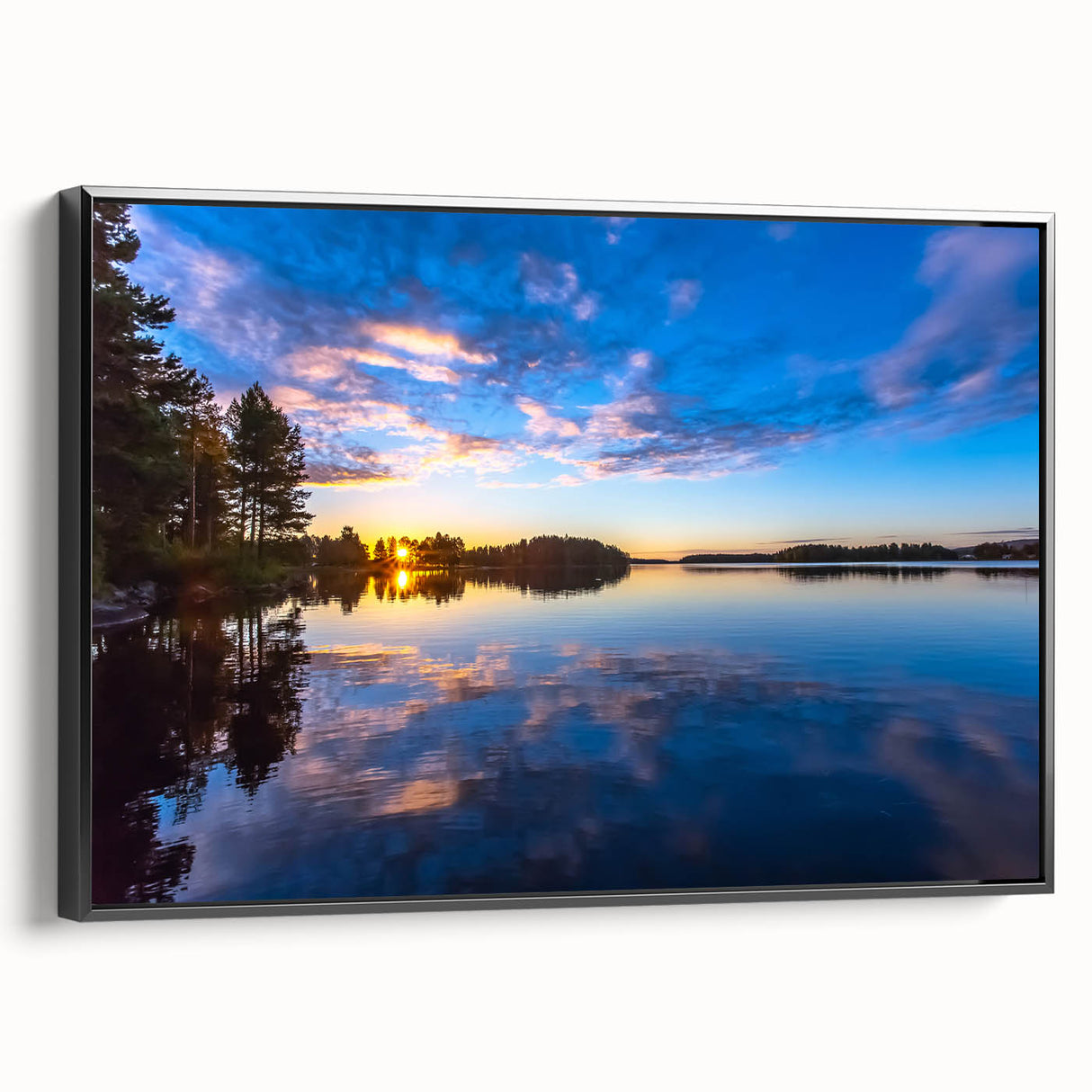 Black and white landscape art painting of a Finnish scenery on framed canvas, ideal for bedroom wall decor.
