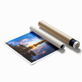 Extra large rolled print of a serene Finnish landscape with muted green and blue tones, ideal for classy bathroom wall art.