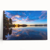 Black and white photograph of a serene Finnish landscape on large stretched canvas, suitable for kitchen wall art.