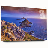 Acrylic print of a Corsican landscape with vivid blue and green tones, ideal for dining room decor.