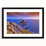 Colorful abstract art print of a scenic European landscape in Corsica, featuring vibrant hues on a framed black mat.