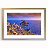 Abstract art print of a Corsican landscape in muted earth tones, framed in gold, suitable for bedroom or dining room decor.