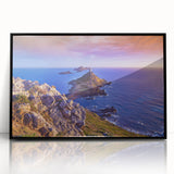 Large abstract wall art depicting a Corsican landscape in muted earth tones, framed in black acrylic.