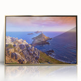 Art deco poster of Corsican landscape in muted gold tones on framed acrylic, ideal for modern art wall decor.