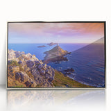 Large art print of a Corsican landscape in muted earth tones on a silver-framed acrylic, suited for modern art wall decor.