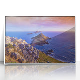 Mid-century modernist art depicting a Corsican landscape in pastel tones, framed acrylic, ideal for nursery wall art.