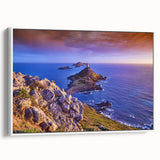 Vintage poster art of a Corsican landscape in vibrant colors on extra large framed canvas, ideal for living room decor.