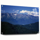 Acrylic print of the French Alps with vivid blue and white tones, suitable for dining room decor.
