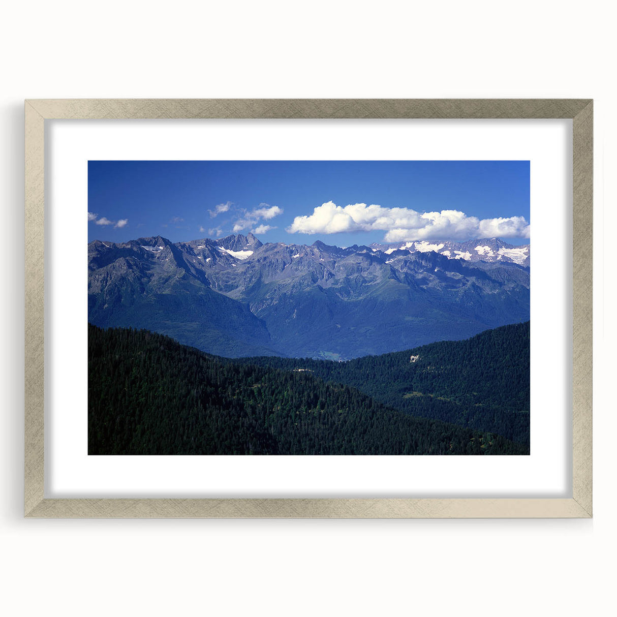 Extra large wall art featuring an abstract depiction of the French Alps in textured silver hues on a framed canvas.