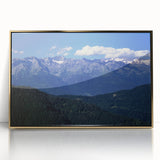 Acrylic print of the French Alps in gold frame, featuring muted natural tones, ideal for modern art wall decor.