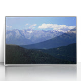 Mid-century modernist art of the French Alps in muted blue tones on a framed acrylic, ideal for nursery wall decor.