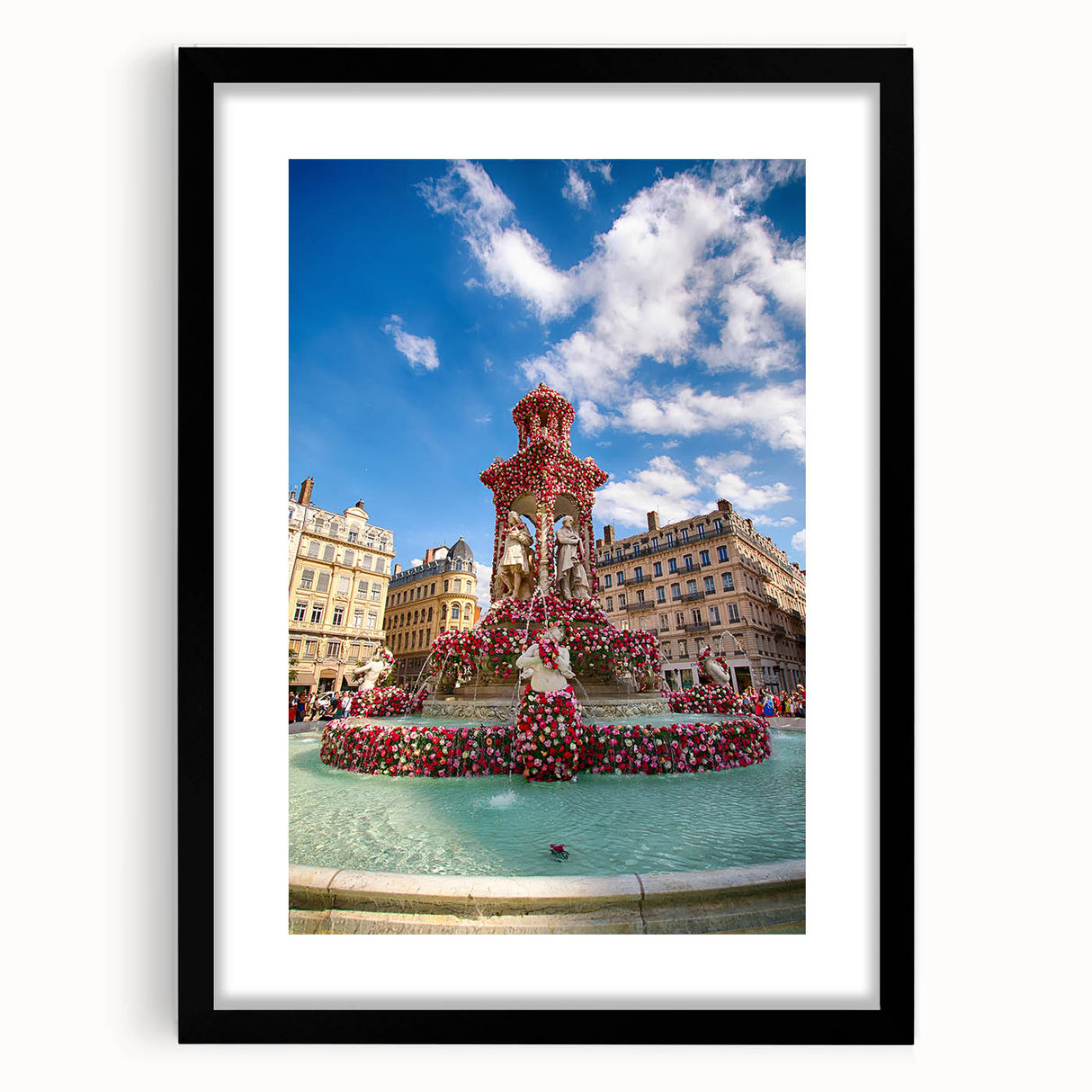 Extra large framed wall art of an abstract Lyon cityscape in vibrant, colorful hues, ideal for living room decor.
