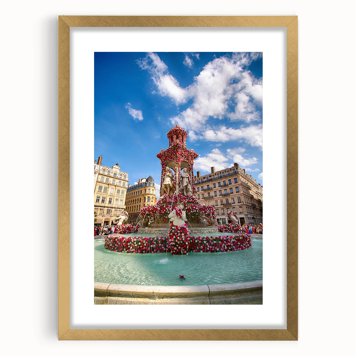 Abstract art print of Lyon, France, featuring muted gold and blue tones on a framed canvas, ideal for dining room decor.