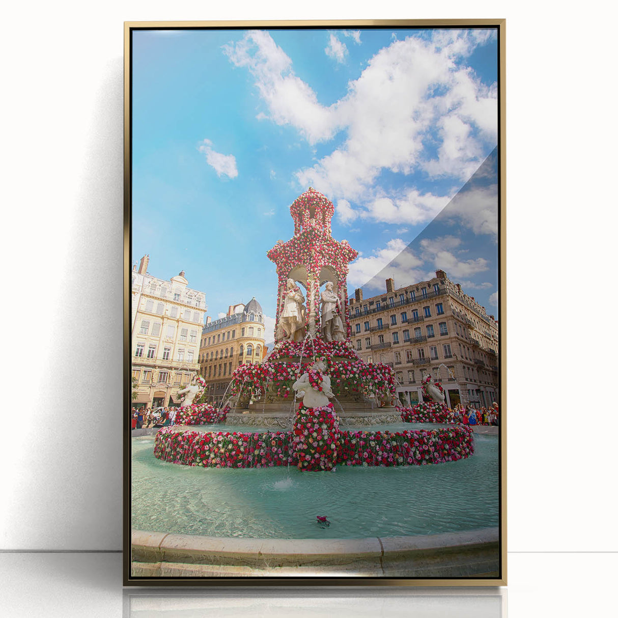 Art deco poster of Lyon, France, featuring muted gold and beige tones on a framed acrylic, ideal for modern art wall decor.