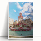 Mid-century modernist art of Lyon, France in acrylic, featuring muted earth tones, ideal for nursery wall art.