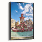 Black and white framed canvas of vintage Lyon landscape, ideal for bedroom decor.