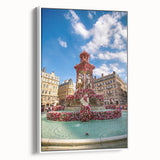 Vintage poster art of Lyon, France in colorful hues on extra large framed canvas, suited for living room decor.