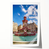 Extra large rolled print of Lyon, France scenery with vibrant floral elements, ideal for dining room wall art.