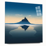 Acrylic print of a large abstract depiction of a European scenery in muted blue and green tones.