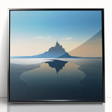 Large abstract wall art depicting a mid-century modernist scene of a European cityscape in muted gray and blue tones.