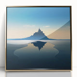 Art deco poster of a scenic European landscape in muted gold and blue tones, acrylic print framed in gold.