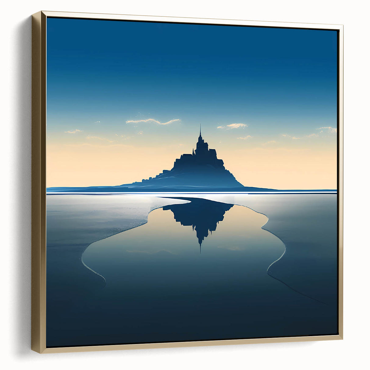 Framed canvas featuring a vintage landscape painting of a French countryside in muted silver and gold tones.