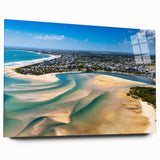 Large abstract wall art of a European cityscape in muted blue tones on acrylic glass, ideal for bedroom or dining room decor.