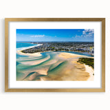 Abstract art print of Nice, France in soft pastel colors on a framed gold mat, suitable for bedroom or dining room decor.