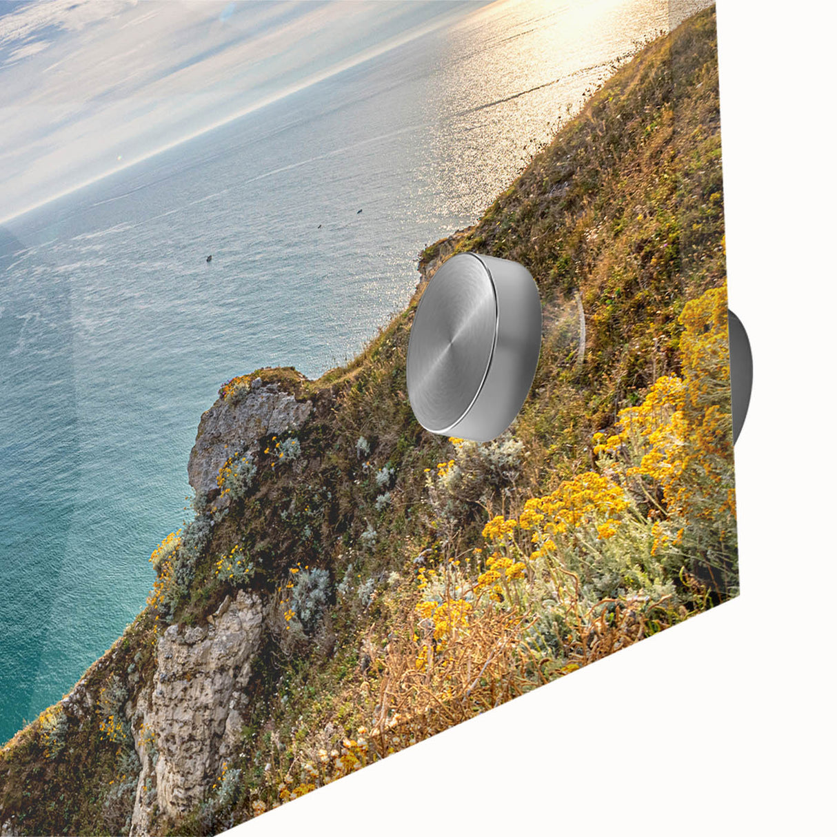 Large abstract wall art depicting Normandy scenery in mid-century modernist style on acrylic glass.