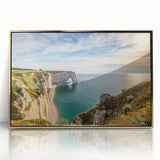 Art deco poster of Normandy scenery in muted gold and blue tones on framed acrylic, suitable for modern art wall decor.