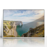 Mid-century modernist art depicting Normandy, France scenery on a white-framed acrylic print, suitable for nursery wall art.